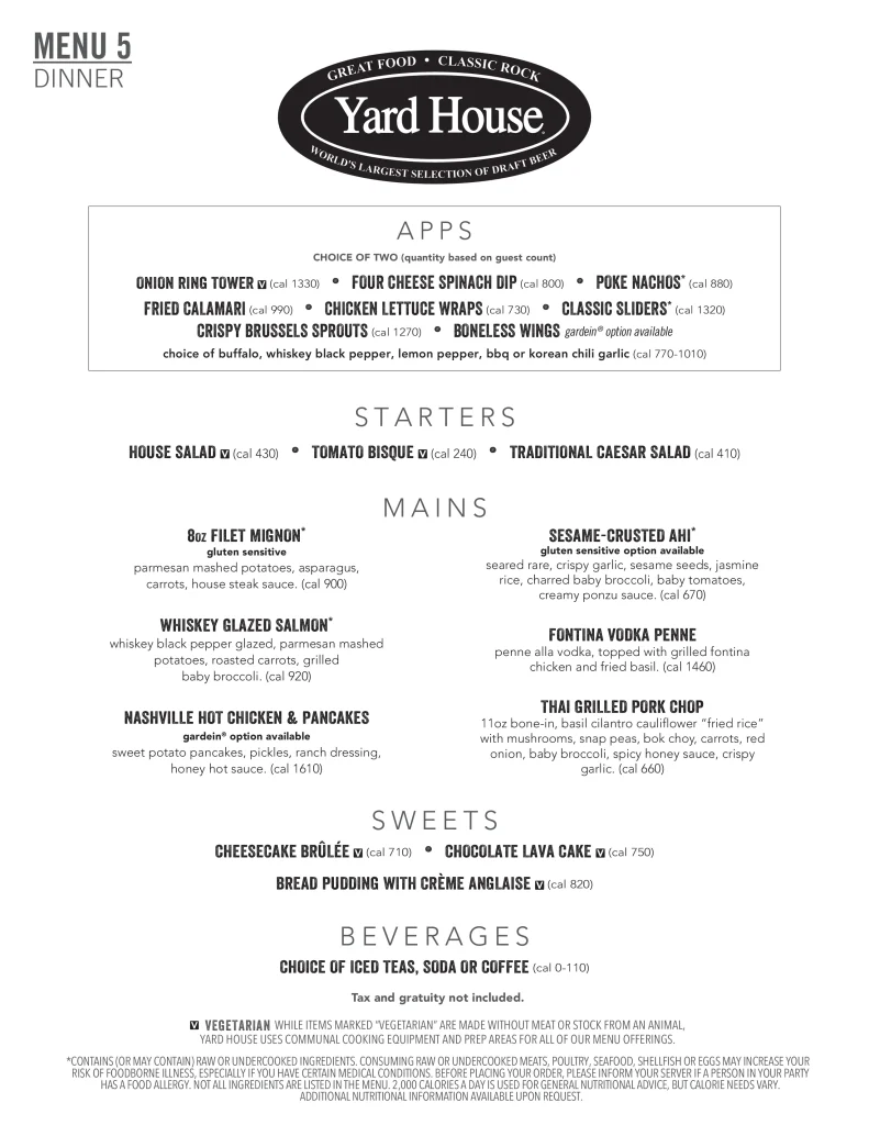 Yard House Group Dinner Menu